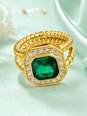 Emerald Green Statement Ring | 18K Gold Plated with Pavé Accents